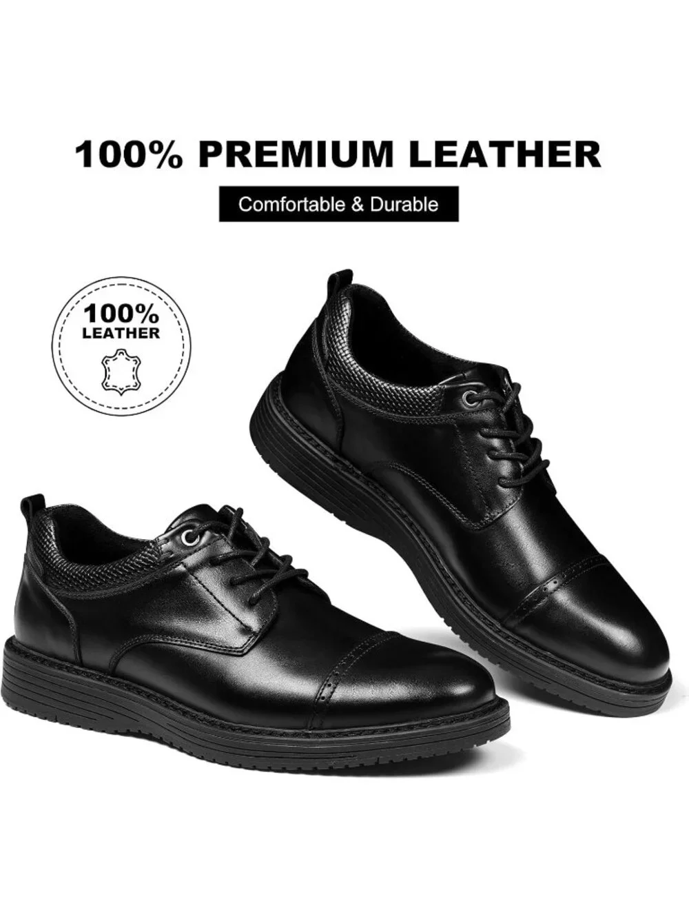 Men's Black Derby Genuine Leather Non Slip Casual Formal Oxford Dress Shoes